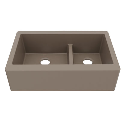34" Farmhouse Double Offset Bowl Quartz Composite Kitchen Sink In Concrete