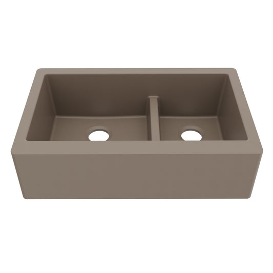 34" Farmhouse Double Offset Bowl Quartz Composite Kitchen Sink In Concrete
