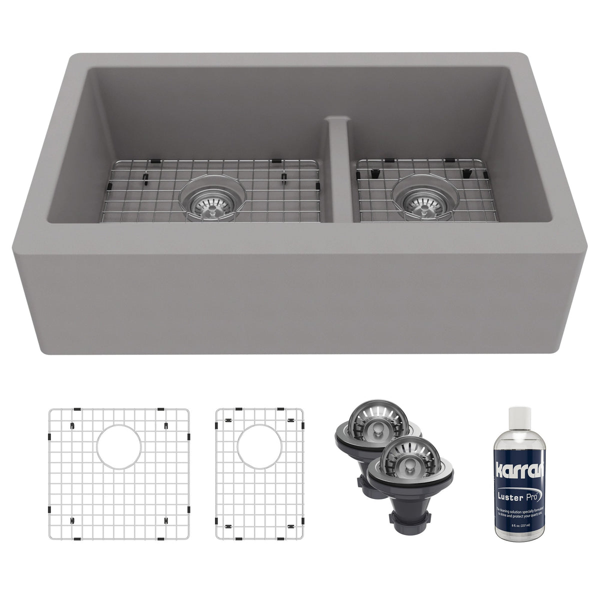 34" Farmhouse Double Offset Bowl Quartz Composite Kitchen Sink Kit In Grey