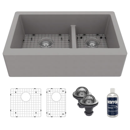 34" Farmhouse Double Offset Bowl Quartz Composite Kitchen Sink Kit In Grey