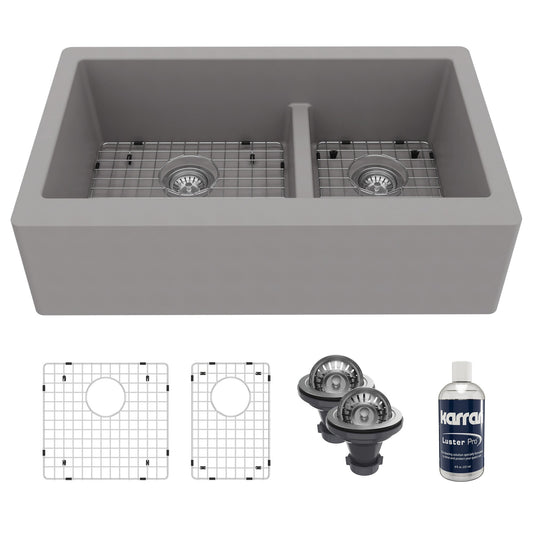 34" Farmhouse Double Offset Bowl Quartz Composite Kitchen Sink Kit In Grey