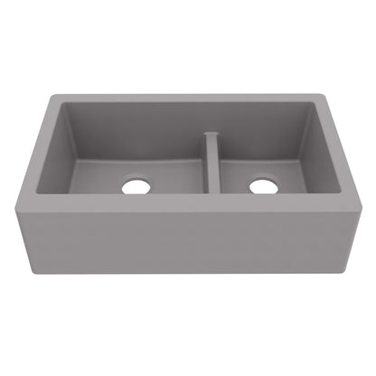 34" Farmhouse Double Offset Bowl Quartz Composite Kitchen Sink In Grey