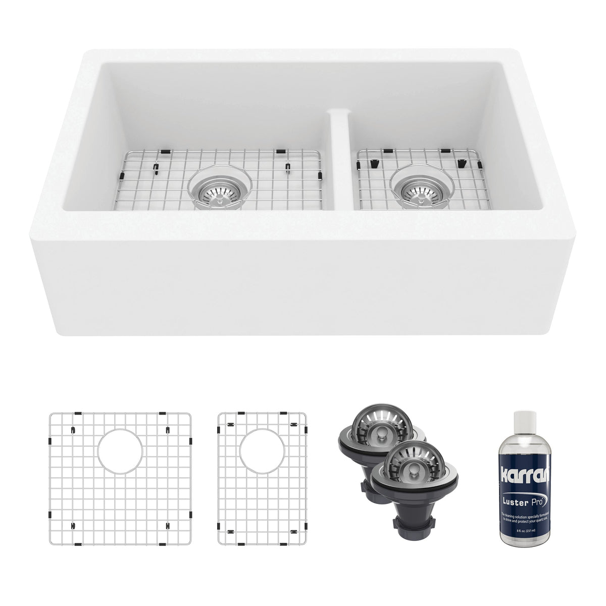 34" Farmhouse Double Offset Bowl Quartz Composite Kitchen Sink Kit In White