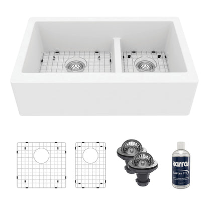 34" Farmhouse Double Offset Bowl Quartz Composite Kitchen Sink Kit In White