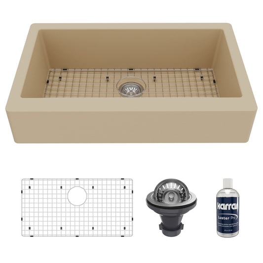 34"" Retrofit Farmhouse Large Single Bowl Quartz Composite Kitchen Sink Kit In Bisque