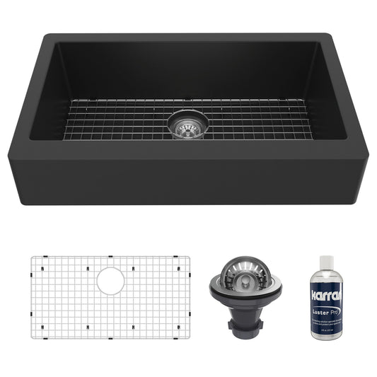 34" Retrofit Farmhouse Large Single Bowl Quartz Composite Kitchen Sink Kit In Black