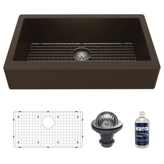 34" Retrofit Farmhouse Large Single Bowl Quartz Composite Kitchen Sink Kit In Brown
