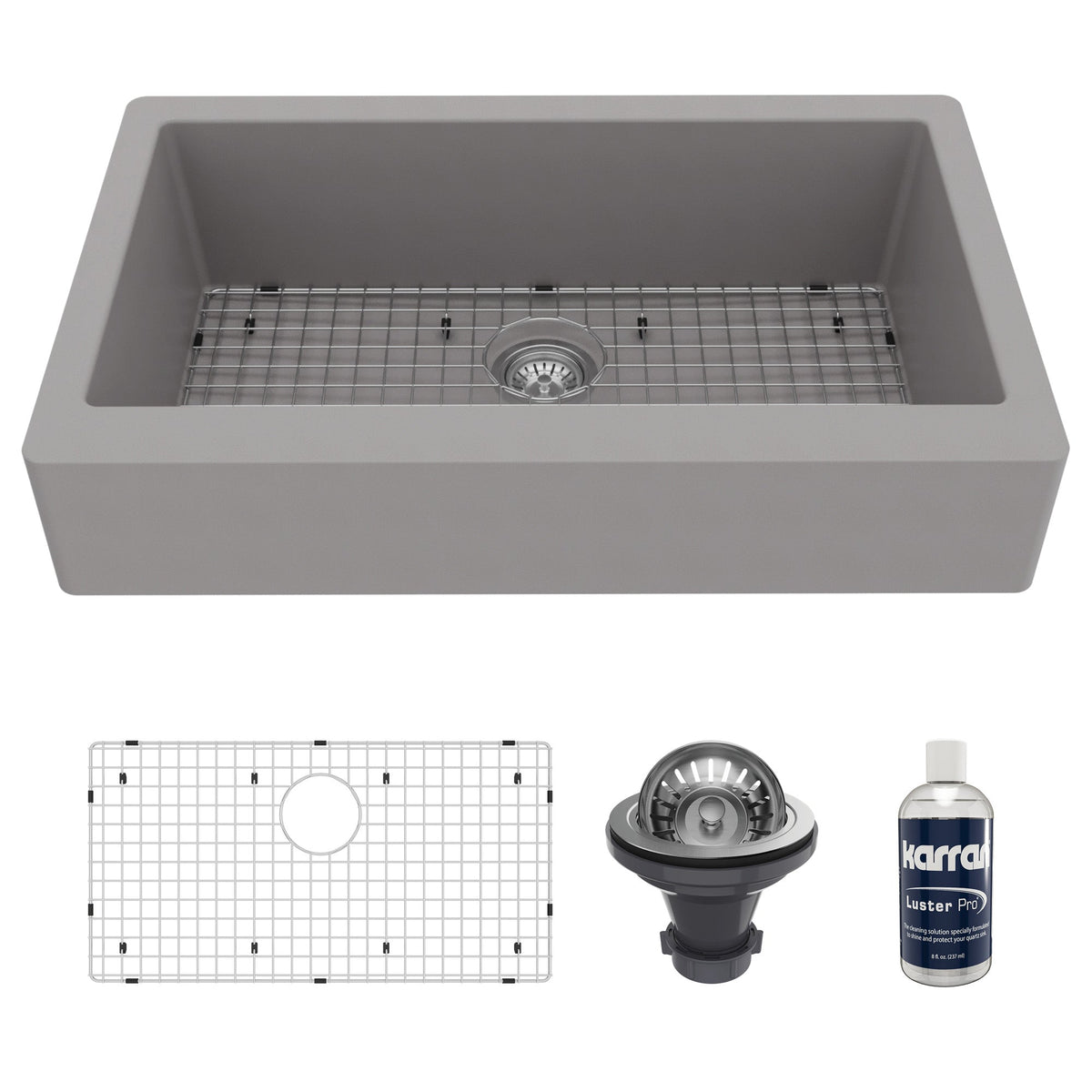 34" Retrofit Farmhouse Large Single Bowl Quartz Composite Kitchen Sink Kit In Grey