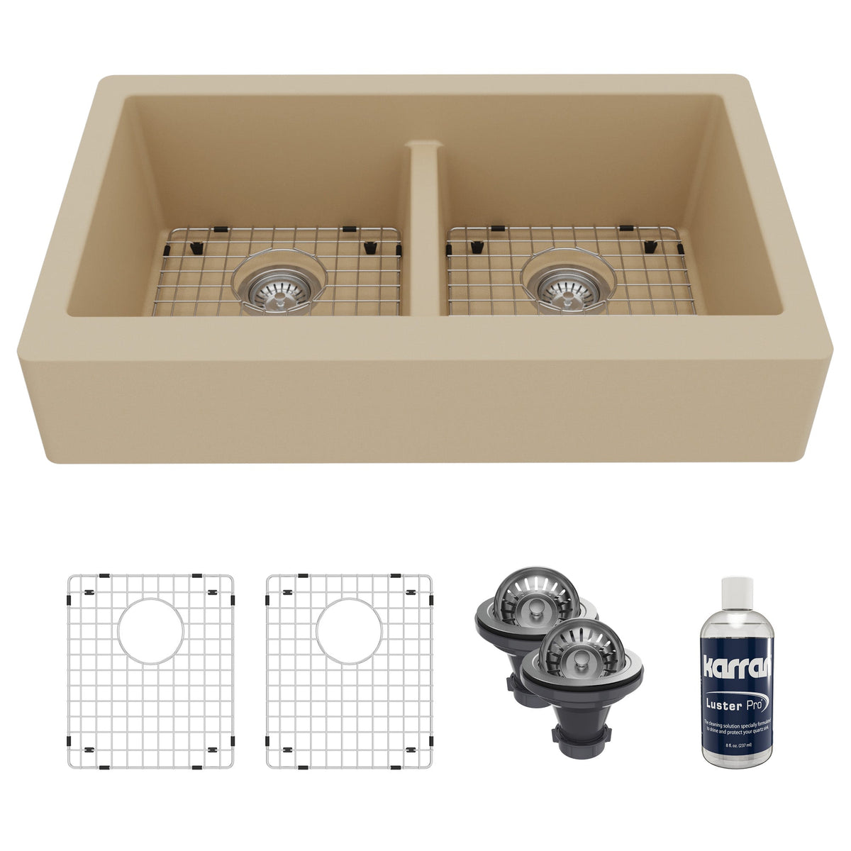 34" Retrofit Farmhouse Double Equal Bowl Quartz Composite Kitchen Sink Kit In Bisque