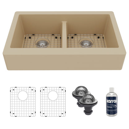 34" Retrofit Farmhouse Double Equal Bowl Quartz Composite Kitchen Sink Kit In Bisque