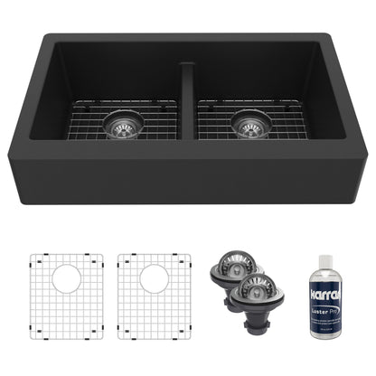 34" Retrofit Farmhouse Double Equal Bowl Quartz Composite Kitchen Sink Kit In Black
