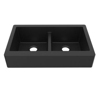 34" Retrofit Farmhouse Double Equal Bowl Quartz Composite Kitchen Sink In Black