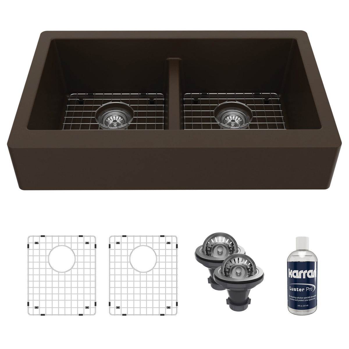 34" Retrofit Farmhouse Double Equal Bowl Quartz Composite Kitchen Sink Kit In Brown
