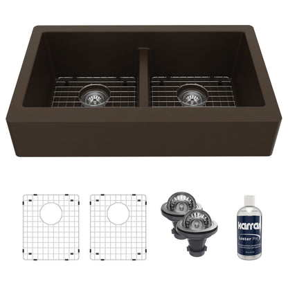 34" Retrofit Farmhouse Double Equal Bowl Quartz Composite Kitchen Sink Kit In Brown