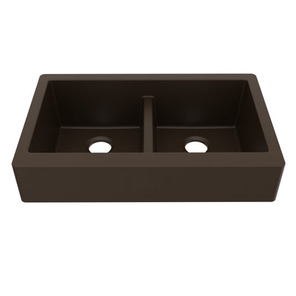 34" Retrofit Farmhouse Double Equal Bowl Quartz Composite Kitchen Sink In Brown
