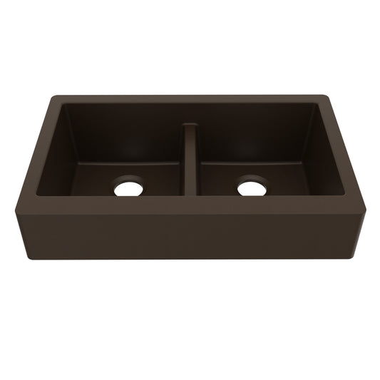 34" Retrofit Farmhouse Double Equal Bowl Quartz Composite Kitchen Sink In Brown