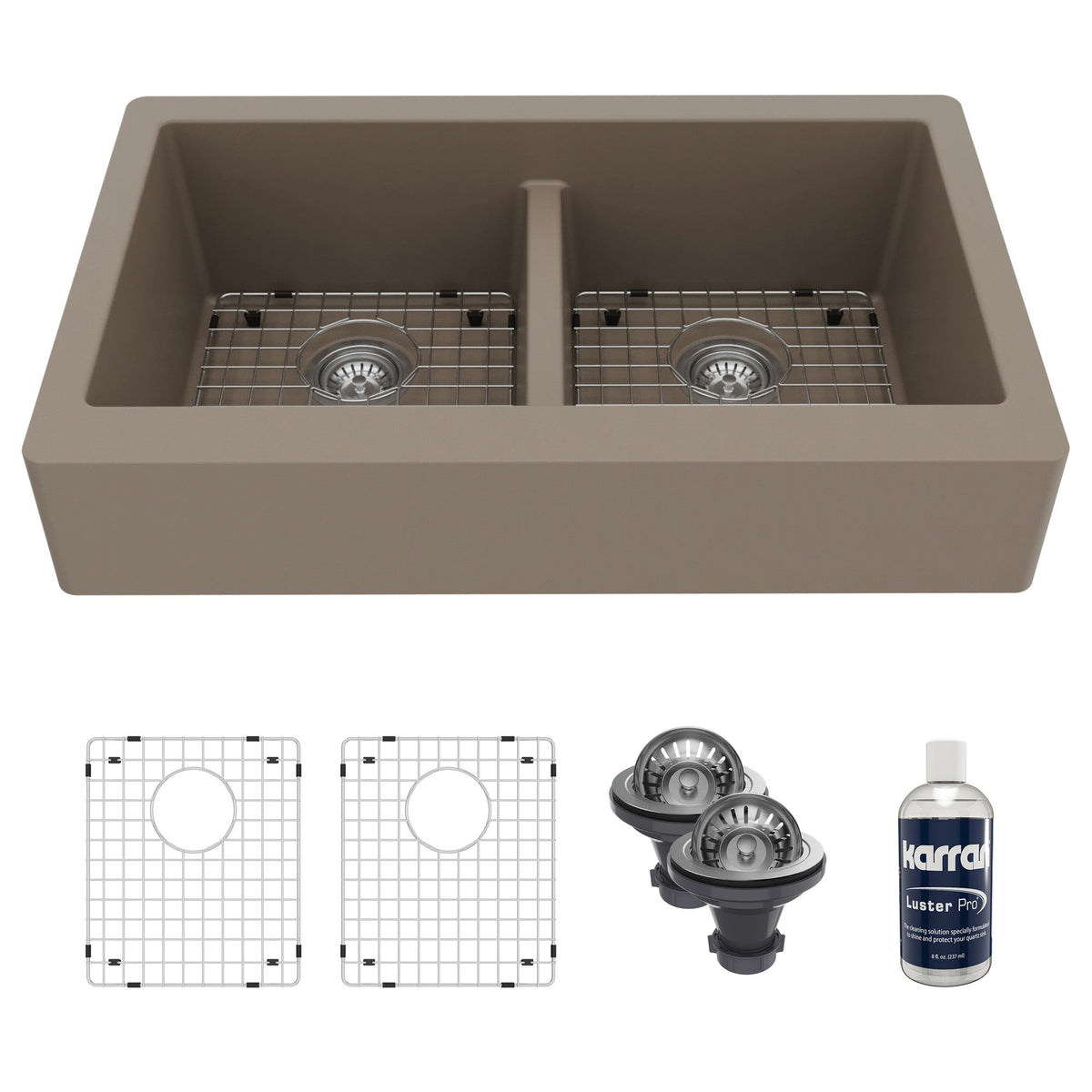34" Retrofit Farmhouse Double Equal Bowl Quartz Composite Kitchen Sink Kit In Concrete