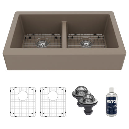 34" Retrofit Farmhouse Double Equal Bowl Quartz Composite Kitchen Sink Kit In Concrete