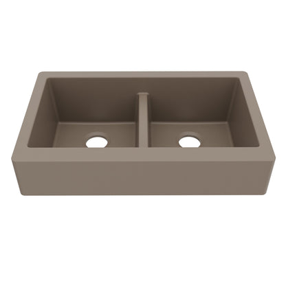 34" Retrofit Farmhouse Double Equal Bowl Quartz Composite Kitchen Sink In Concrete
