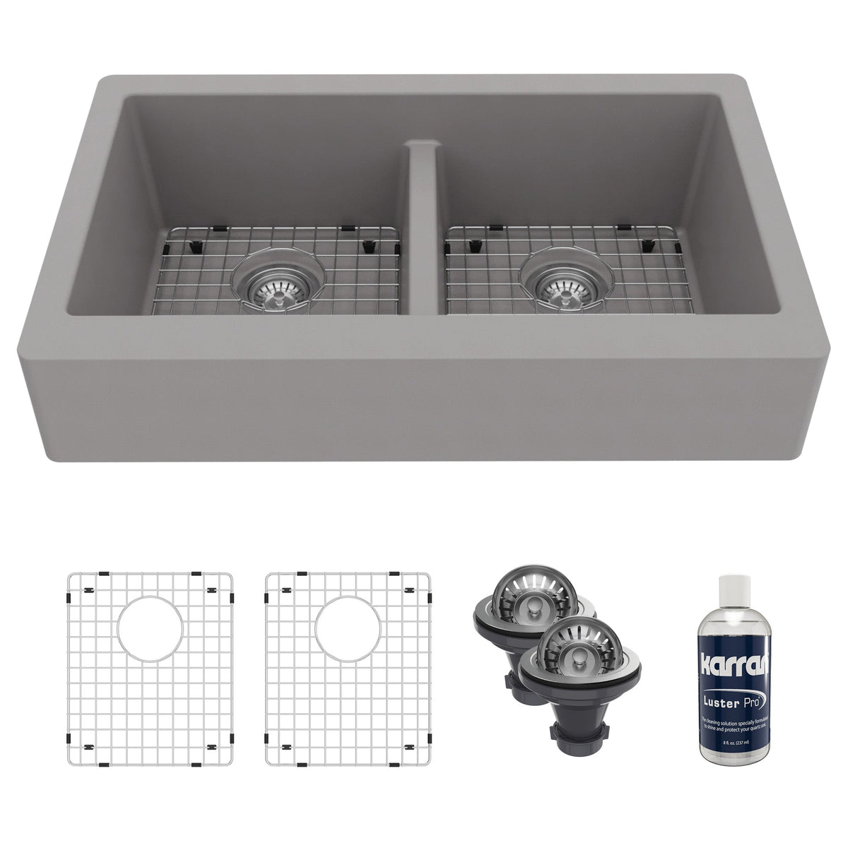 34" Retrofit Farmhouse Double Equal Bowl Quartz Composite Kitchen Sink Kit In Grey