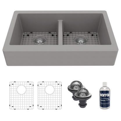 34" Retrofit Farmhouse Double Equal Bowl Quartz Composite Kitchen Sink Kit In Grey