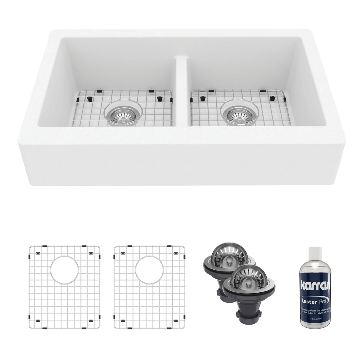 34" Retrofit Farmhouse Double Equal Bowl Quartz Composite Kitchen Sink Kit In White