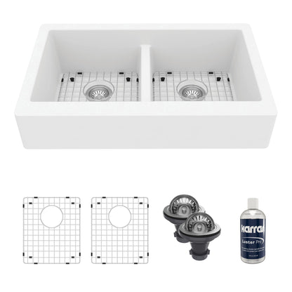 34" Retrofit Farmhouse Double Equal Bowl Quartz Composite Kitchen Sink Kit In White