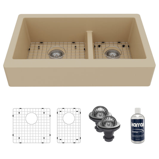 34" Retrofit Farmhouse Double Offset Bowl Quartz Composite Kitchen Sink Kit In Bisque
