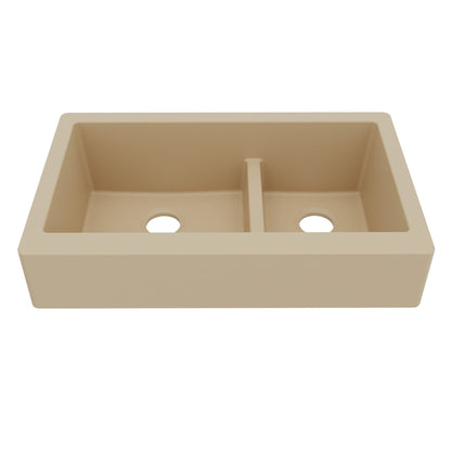 34" Retrofit Farmhouse Double Offset Bowl Quartz Composite Kitchen Sink In Bisque