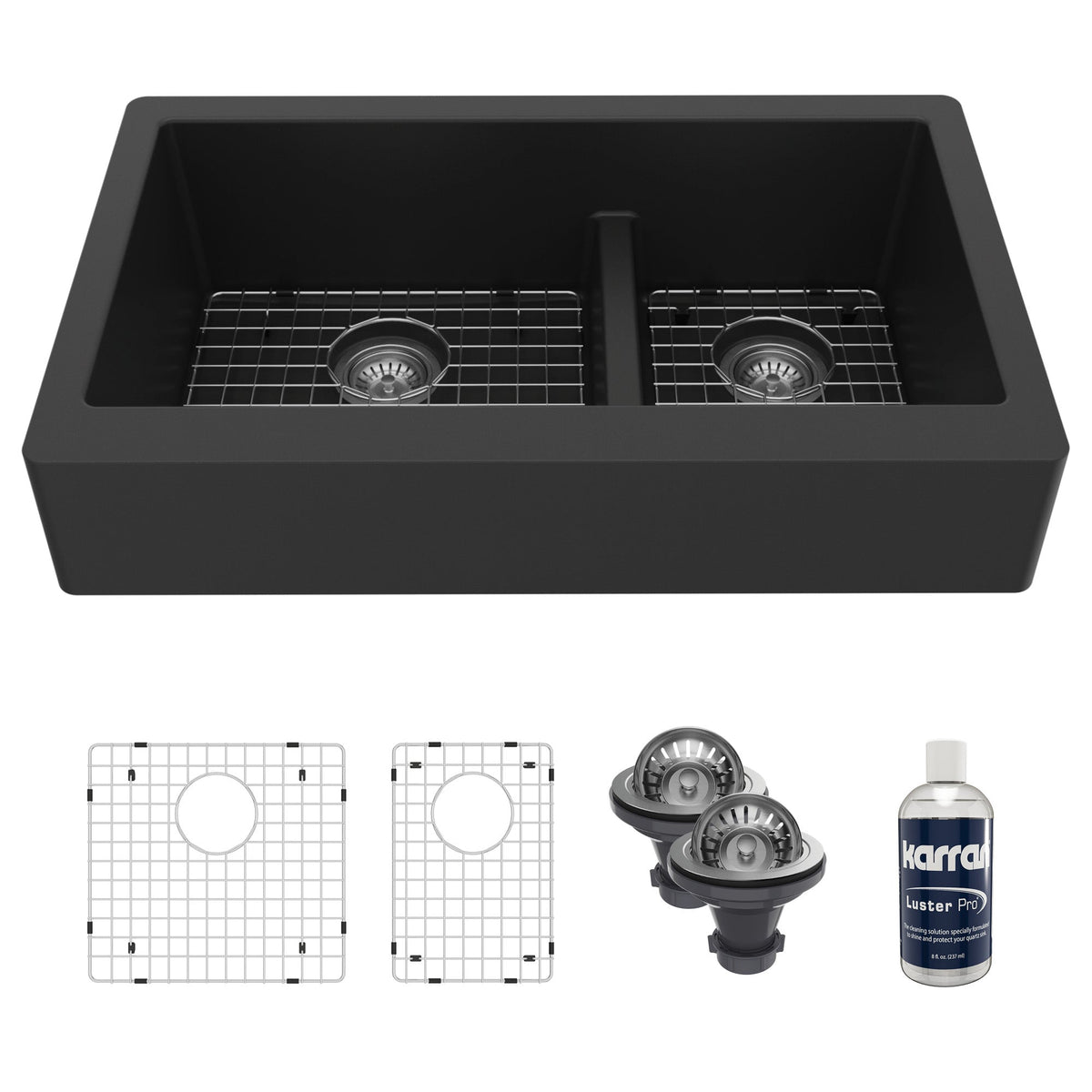 34" Retrofit Farmhouse Double Offset Bowl Quartz Composite Kitchen Sink Kit In Black