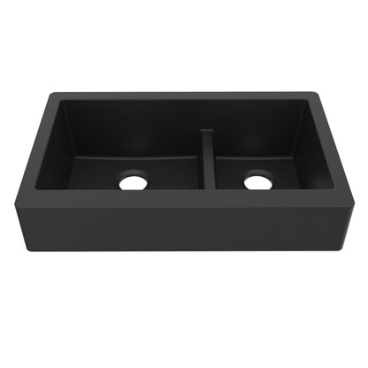 34" Retrofit Farmhouse Double Offset Bowl Quartz Composite Kitchen Sink In Black