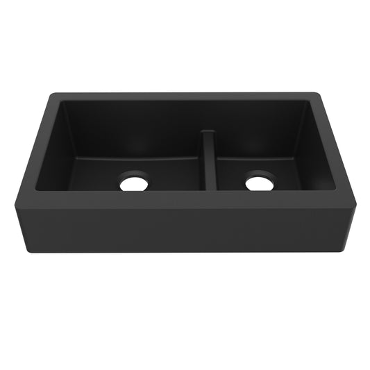 34" Retrofit Farmhouse Double Offset Bowl Quartz Composite Kitchen Sink In Black