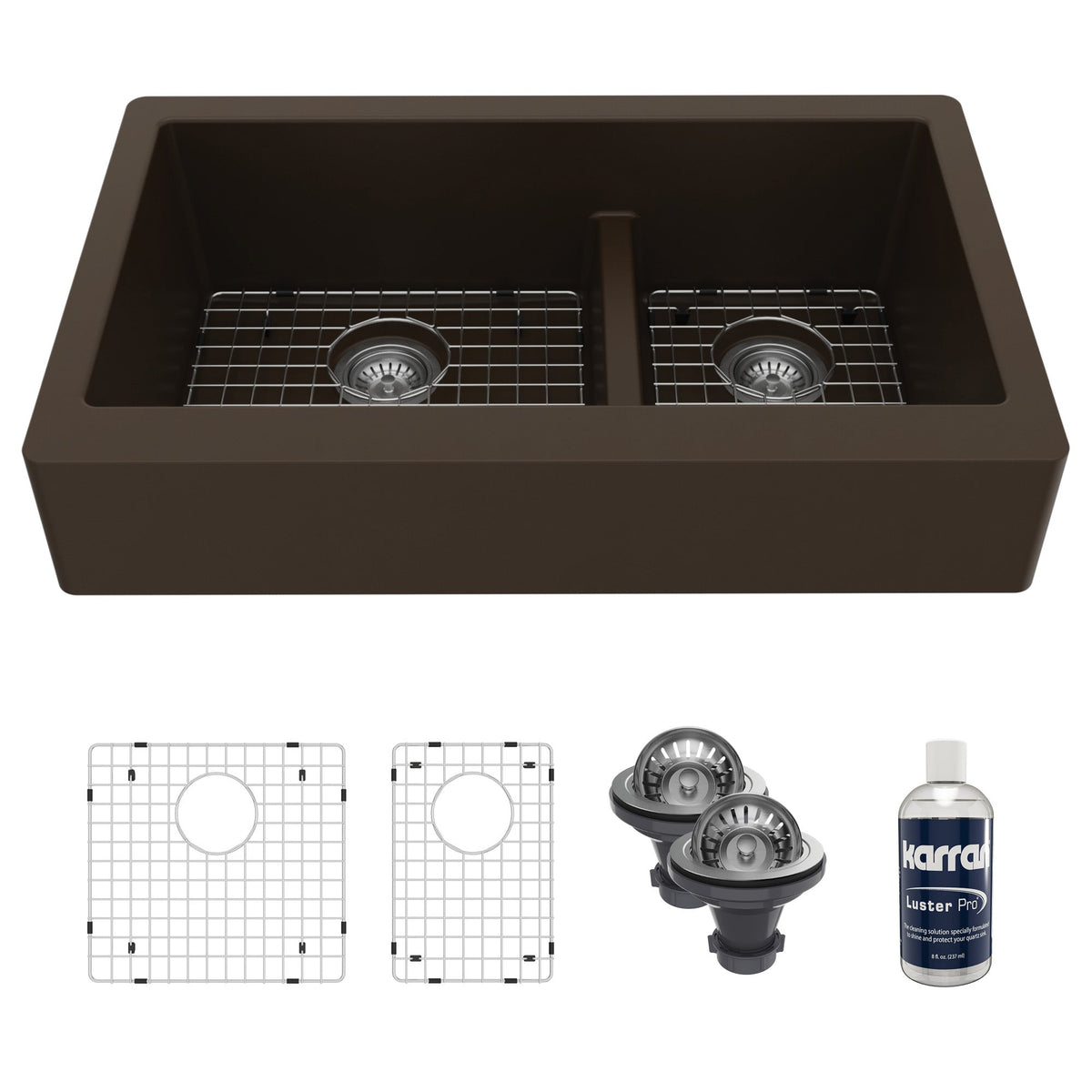 34" Retrofit Farmhouse Double Offset Bowl Quartz Composite Kitchen Sink Kit In Brown
