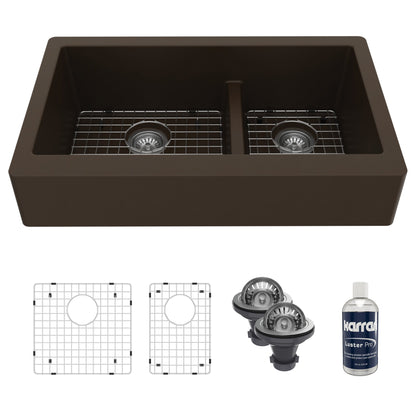 34" Retrofit Farmhouse Double Offset Bowl Quartz Composite Kitchen Sink Kit In Brown