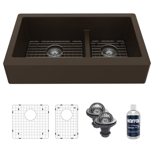 34" Retrofit Farmhouse Double Offset Bowl Quartz Composite Kitchen Sink Kit In Brown