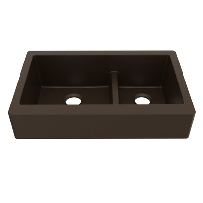 34" Retrofit Farmhouse Double Offset Bowl Quartz Composite Kitchen Sink In Brown