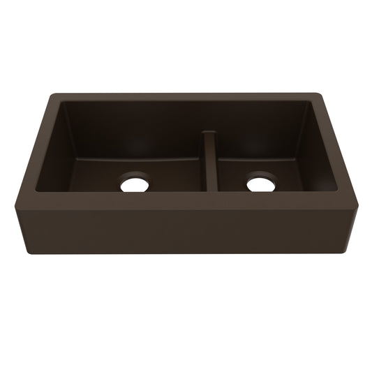34" Retrofit Farmhouse Double Offset Bowl Quartz Composite Kitchen Sink In Brown