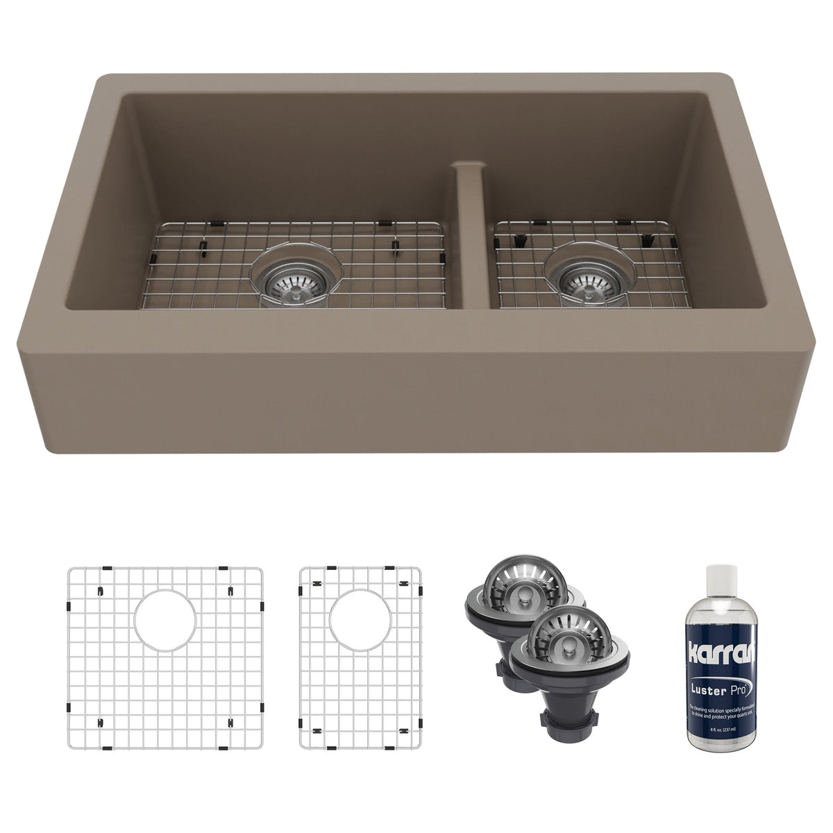 34" Retrofit Farmhouse Double Offset Bowl Quartz Composite Kitchen Sink Kit In Concrete