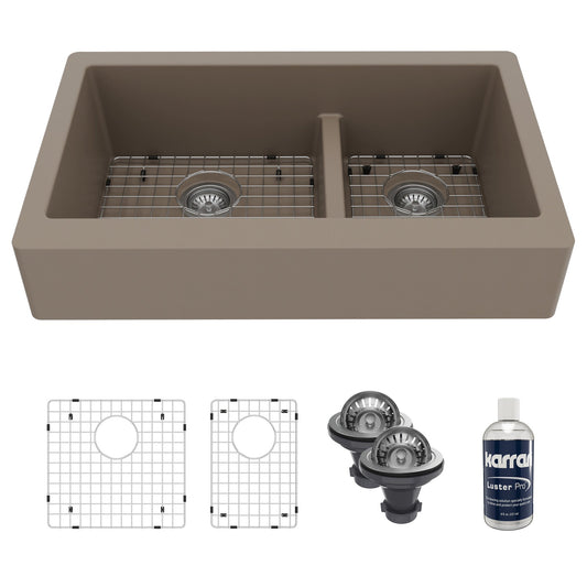 34" Retrofit Farmhouse Double Offset Bowl Quartz Composite Kitchen Sink Kit In Concrete