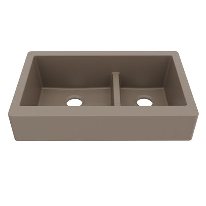 34" Retrofit Farmhouse Double Offset Bowl Quartz Composite Kitchen Sink In Concrete
