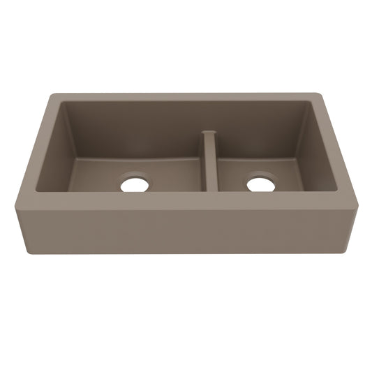 34" Retrofit Farmhouse Double Offset Bowl Quartz Composite Kitchen Sink In Concrete