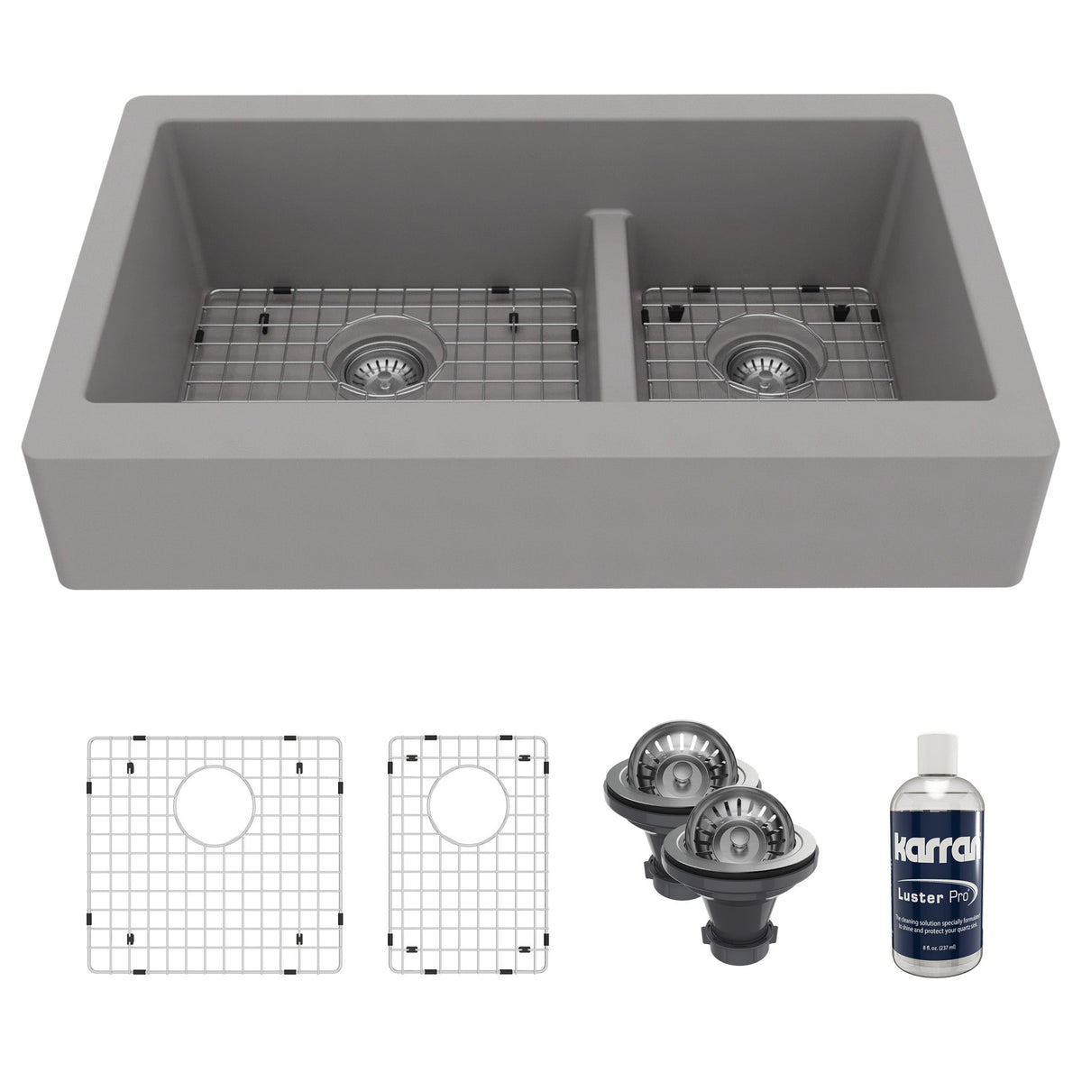 34" Retrofit Farmhouse Double Offset Bowl Quartz Composite Kitchen Sink Kit In Grey