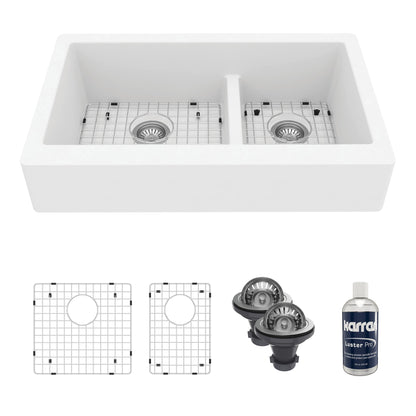 34" Retrofit Farmhouse Double Offset Bowl Quartz Composite Kitchen Sink Kit In White