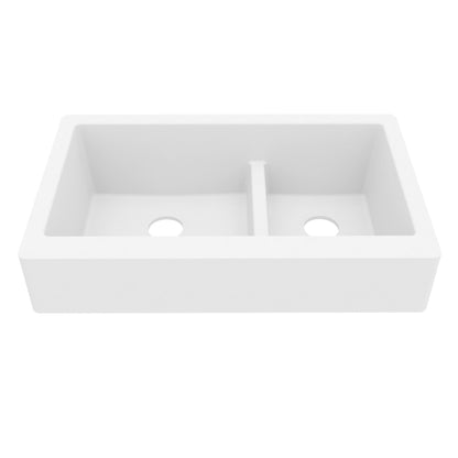 34" Retrofit Farmhouse Double Offset Bowl Quartz Composite Kitchen Sink In White