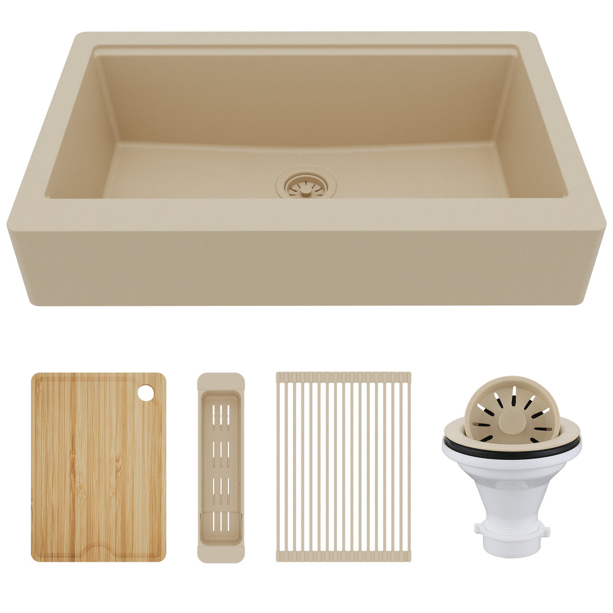 34" Apron Front Single Bowl Quartz Kitchen Sink Kit In Bisque