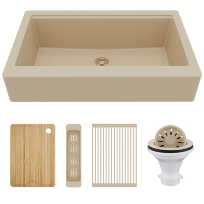 34" Apron Front Single Bowl Quartz Kitchen Sink Kit In Bisque