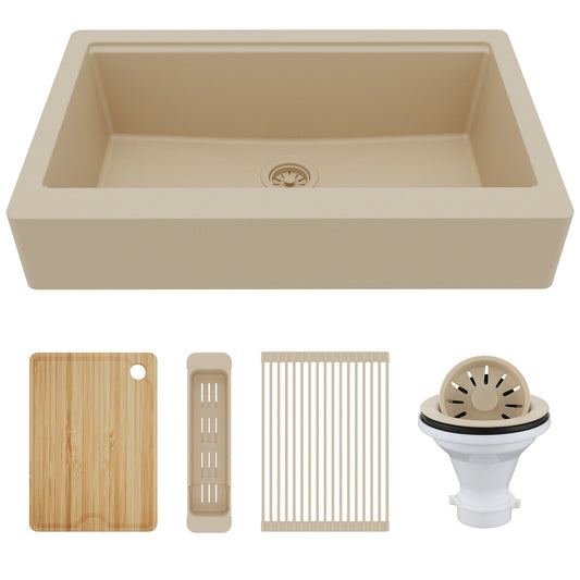 34" Apron Front Single Bowl Quartz Kitchen Sink Kit In Bisque