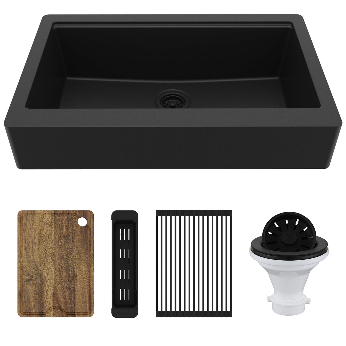 34" Apron Front Single Bowl Quartz Kitchen Sink Kit In Black