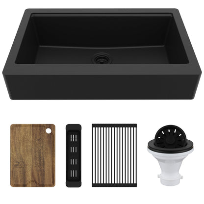34" Apron Front Single Bowl Quartz Kitchen Sink Kit In Black