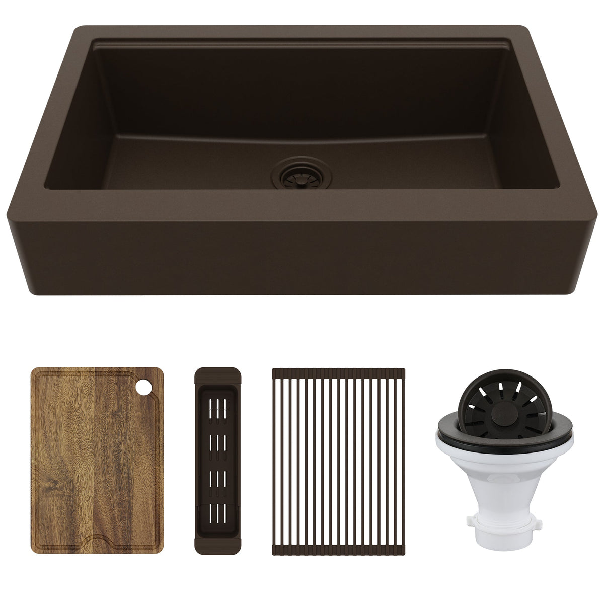 34" Apron Front Single Bowl Quartz Kitchen Sink Kit In Brown